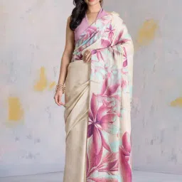 navyasa by liva Beige Printed Saree With Unstitched Blouse-picture-6