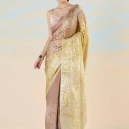 navyasa by liva Soil Brown & Yellow Printed Saree With Unstitched Blouse-image-6