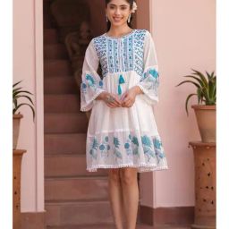 Scakhi Teal Floral Cotton Block Printed Midi Tiered Dress-image-1