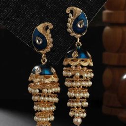 Aatmana Blue Gold-Plated Kundan-Studded & Meenakari Jhumki Earrings for Women-24