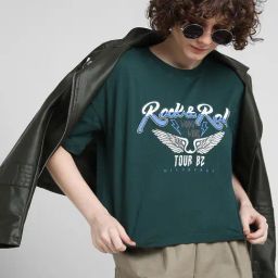 Only Dark Green Cotton Graphic Print T-Shirt-image-51