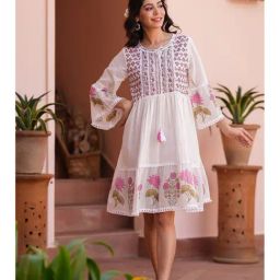 Scakhi Pink Floral Cotton Block Printed Midi Tiered Dress-image-13