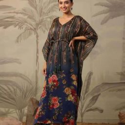 SCAKHI Navy Satin Floral Print Asymmetric Kaftan With Cotton Slip-image-32