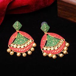 Panash Gold Plated Red & Green Geometric Dangler Earrings-7