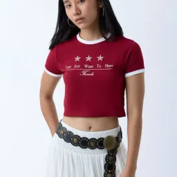 nuon women Nuon by Westside Burgundy Text Detailed Cotton-Blend T-Shirt-picture-17