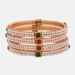 Zeneme Gold Plated Pearls With Cubic Zirconia Studded Bangles Set of 4-5
