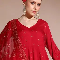 Anouk Floral Printed Regular Thread Work Anarkali Kurta with Trousers & With Dupatta image 5