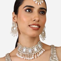 Zaveri Pearls Gold Tone Dazzling Stones Beads Drop Choker Necklace Earring Maangtikka Set-ZPFK17351-image-64