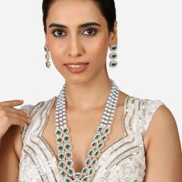 Zaveri Pearls Green Stones Beads Dazzling Austrian Diamonds Long Necklace & Earring Set-ZPFK17344-18