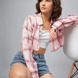 CHIMPAAANZEE Pink & Wine Viscose Checks Crop Shirt-image-10