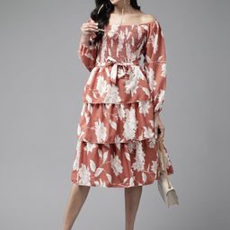 CORSICA Floral Print Off-Shoulder Puff Sleeve Georgette Fit & Flare Midi Dress-image-88