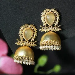 Aatmana Gold-Plated & Yellow stone studded Dome-Shaped White Beaded Jhumki Earrings-image-54