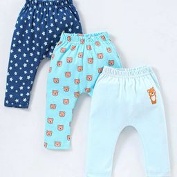 Babyhug Cotton Full Length Diaper Pants Panda & Star Print Pack Of 3 - Blue and Green-image-57
