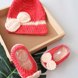 Woonie Crochet Design Bow Applique Cap And Booties  - Coral Red-image-27
