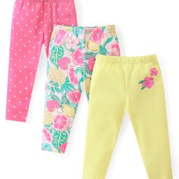 Babyhug Cotton Lycra Full Length Leggings with Floral & Polka Dots Print Pack of 3 - Pink Green & Yellow-image-21