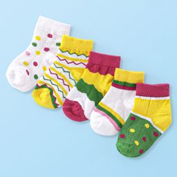 Cute Walk By Babyhug Anti Bacterial Cotton Rich Non Terry Ankle Length Socks Stripes & Polka Dot Deign Pack Of 5 - Multicolor-image-53