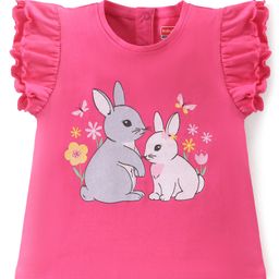 Babyhug 100% Cotton Knit Frill Sleeves Top with Rabbit Graphics - Pink-image-86