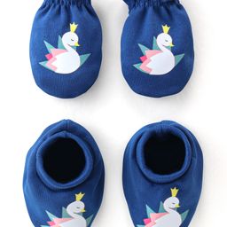 Babyhug 100% Cotton Mittens & Booties With Swan Print - Blue-image-31
