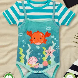 Pranava 100% Organic Cotton Half Sleeves Striped & Under Water Digital Printed Onesie - Aqua Blue-picture-5