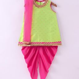 Saka Designs Sleeveless Kurta Dhoti Set with Dupatta Foil Print - Green & Magenta-image-5