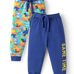 Babyhug Cotton Knit Full LengthLounge Pants with Dino & Text Print Pack of 2 - Navy Blue & Green-image-109