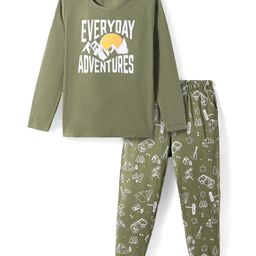 Honeyhap Premium 100% Cotton Jersey Full Sleeves Text Printed Night Suit with Bio Finish - Olive Drab-picture-24