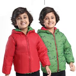 Little Kangaroos Knit Full Sleeves  Mountain Theme Print Padded Hooded Winter Jacket with Kangaroo Pockets -  Green & Red-image-98