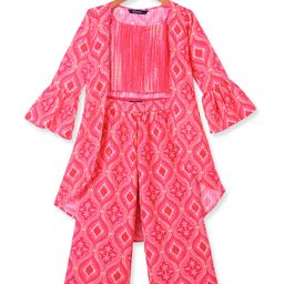 Pine Kids Woven Sequin Embroiderd Top & Palazzo Set with Three Fourth Sleeves Jacket - Dark Pink-7