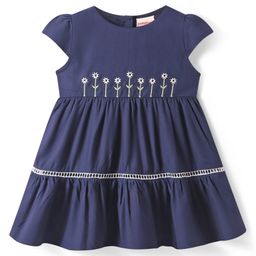 Babyhug Cotton Woven Cap Sleeves Frock with Floral Embroidery - Navy Blue-picture-3