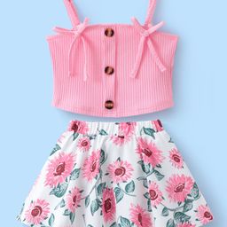 Mark & Mia Singlet Sleeves Ribbed Top & Floral Printed Skirt Set - Pink-image-90