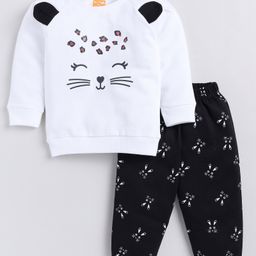 Snuggly MONKEY French Terry Full Sleeves Cat Designed Sweatshirt With Rabbit Printed Joggers Set - White-image-90