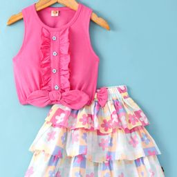 Dew Drops Cotton Woven Sleeveless Top & Skirt Set with Floral Print & Frill Detailing - Dark Pink-image-35