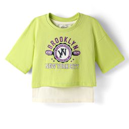 Pine Kids Cotton Knit Half Drop Shoulder Sleeves T-Shirt with Inner Tee & Text Puff Print - Limegreen-image-65