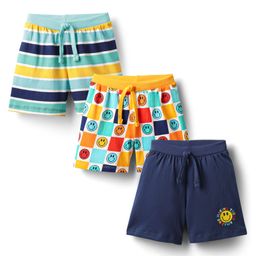 Babyhug Single Jersey Knit Shorts With Stripes & Smiley Print Pack Of 3 - Navy Blue Light Blue & Yellow-image-71