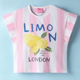 Little Kangaroos Cotton Knit Half Sleeves Striped Top with Lemon Print - Pink-image-86