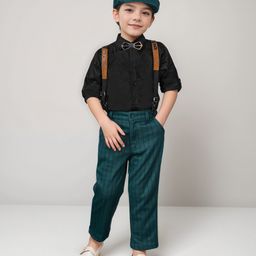 BAD BOYS Cotton Full Sleeves Abstract Embroidered Shirt Pant With Suspender Bow & Cap Set - Green-image-86