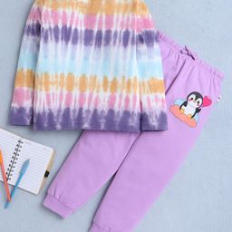 BUMZEE Cotton Knit Full Sleeves Nightsuit with Tie & Dye Penguin Print - Lavender & Light Blue-image-78