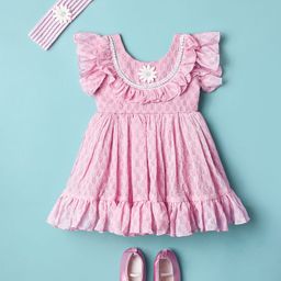 Enfance Half Sleeves Lace Embellished Textued Knee Length Dress With Headband & Booties - Pink-image-30