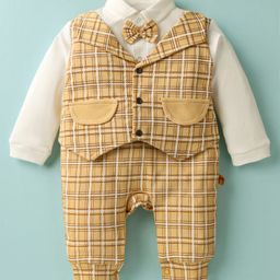 Mini Taurus Interlock Knit Full Sleeves Rompers With Bow & Checks Print - Tan-image-62