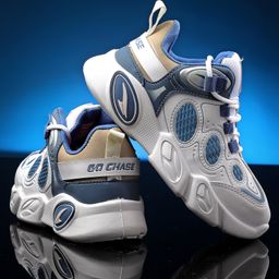 asian Colour Blocked Lace Up Sneakers - White & Slate Blue-image-88