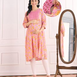 Bella Mama Viscose Woven Three Fourth Sleeves Maternity Kurta with Embroidered Yoke & Floral Print - Pink-picture-12
