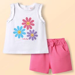 Babyhug Single Jersey Knit Sleeveless Top & Shorts Set With Floral Print - Dark Pink & White-image-53