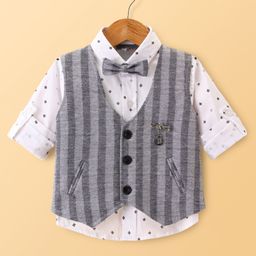 Dapper Dudes Full Sleeves Abstract Printed Shirt With Striped Waistcoat & Bow - Grey-image-64