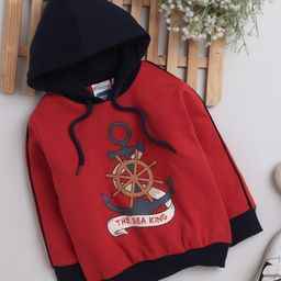 BUMZEE Cotton Knit Full Sleeves Nautical Theme Printed Hooded Sweatshirt - Red-image-36