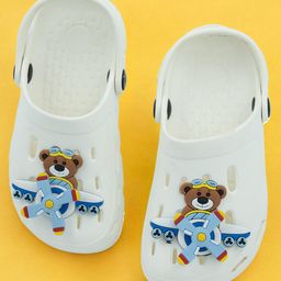 Yellow Bee Perforated Clogs With Aeroplane Charms - White-image-96