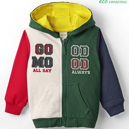 Babyoye 100% Cotton Fleece Knit Full Sleeves Cut & Sew Designed Hooded Sweatjacket with Text Print - Multicolor-picture-48