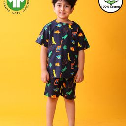 Anthrilo 100% Cotton Knit Half Sleeves Dinosaurs Printed Coordinating Night Suit Set - Navy Blue-image-52