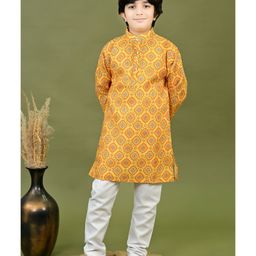 BT DEZINES Cotton Woven Full Sleeves Bandhani Designed Kurta & Pyjama Set - Mustard Yellow-image-7