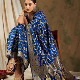 Sangria Floral Woven Design Banarasi Saree With Blouse Piece-image-100