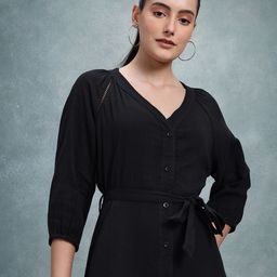 The Roadster Life Co. Pure Cotton Puff Sleeves Tiered Midi Fit & Flare Dress with Belt-picture-26